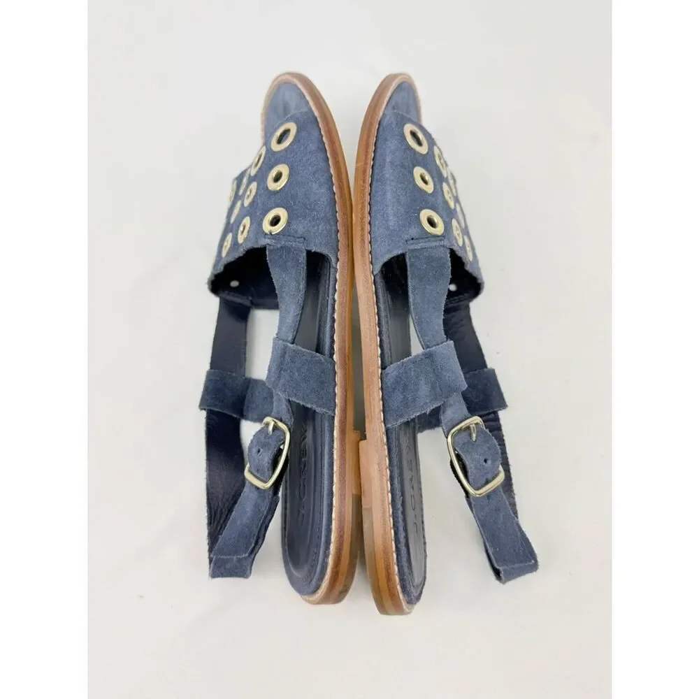 J. Crew Blue Suede Leather Gold Grommet Slingback Nautical Flat Sandals